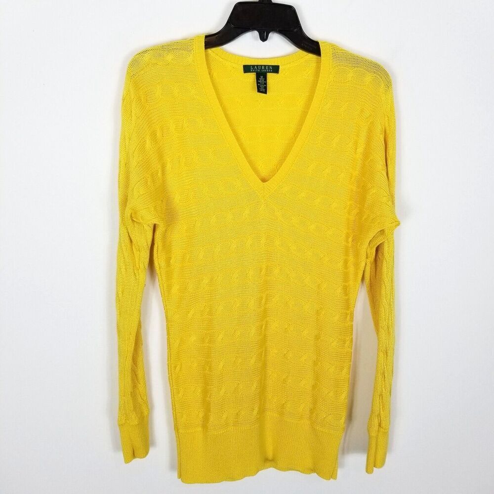Lauren Ralph Lauren Women Cable Knit  Pullover‎ Sweater Sz M Yellow V Neck Beach